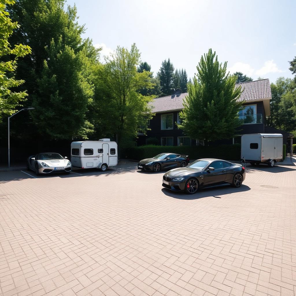 Privater Parkplatz des Ringdays Guesthouse mit Sportwagen und Trailer