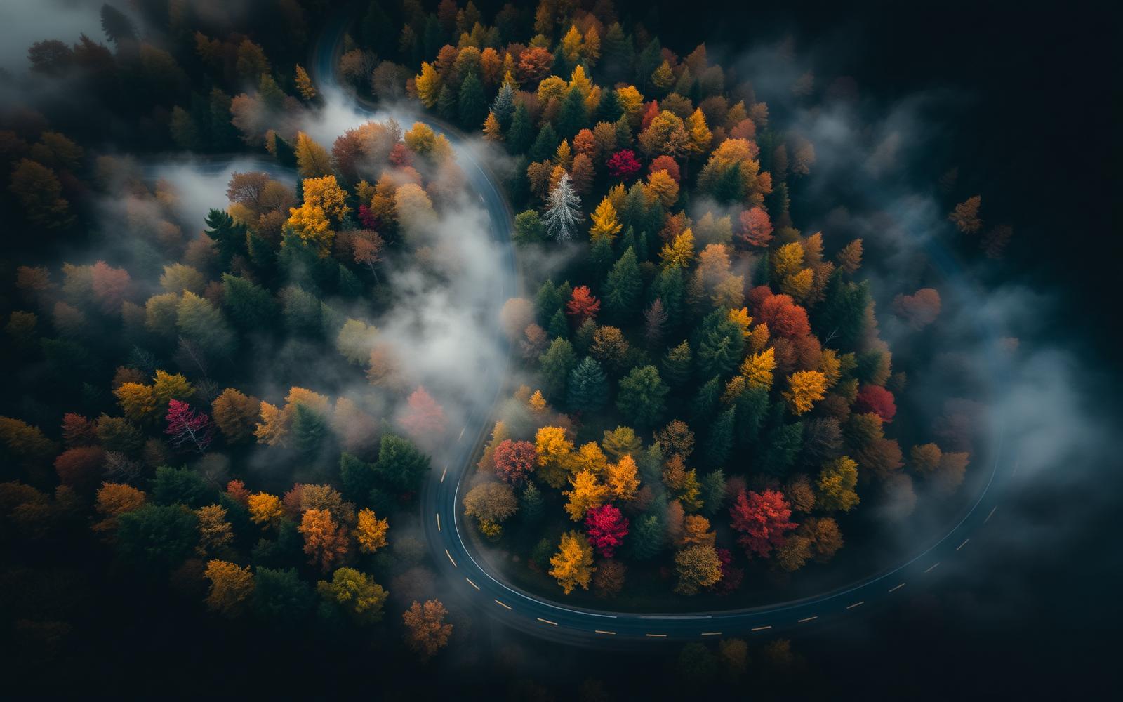 Nebelverhangene Bergstraße in der Eifel im Herbst